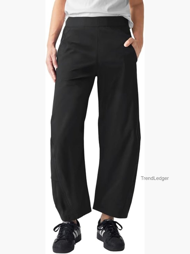 Womens Elastic Waist Ankle Pants Baggy Curved Tapered Leg Barrel Travel Pants